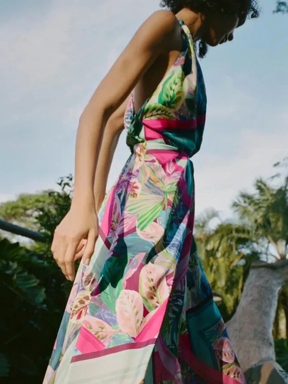 Zara Tropical Satin Maxi Dress Open Back Resort - Picture 6 of 11
